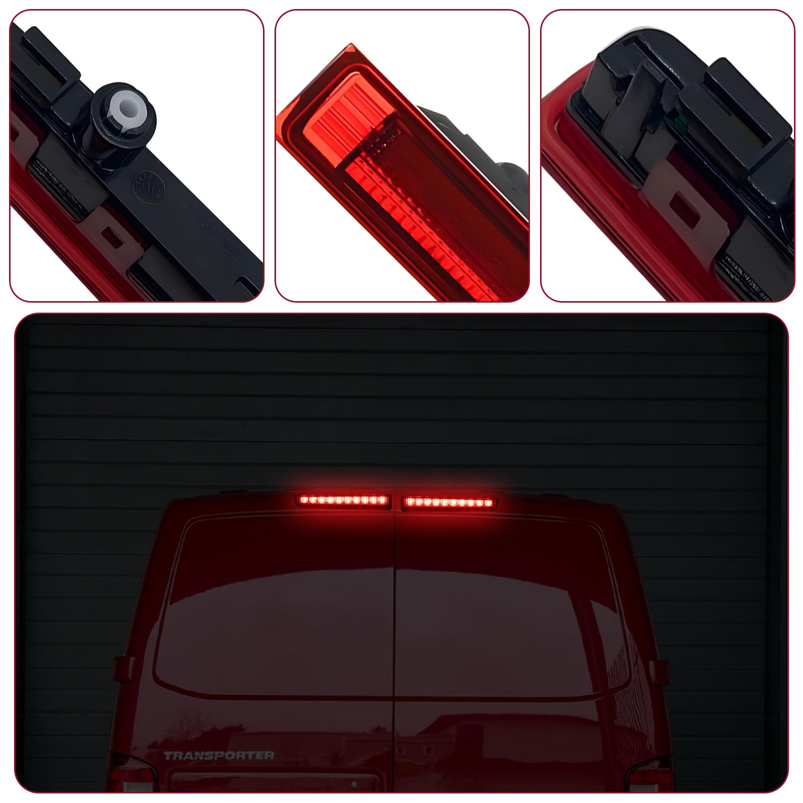 Troisième feu stop LED gauche et droit de niveau élevé de rechange pour T5 T6 Transporter - Lentille rouge compatible avec VW T5 2003-2015, T6 2015-2024