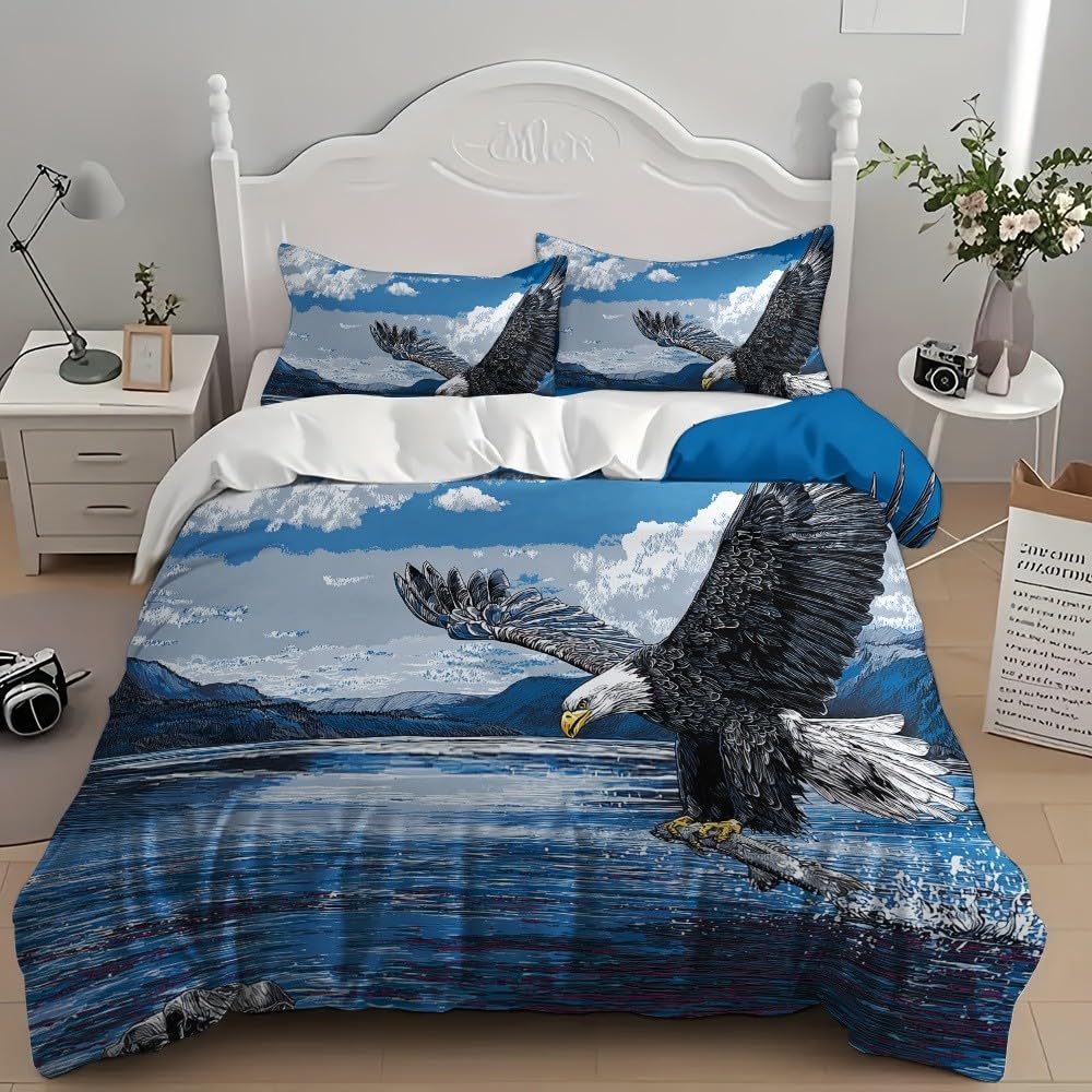 Zwierzę biały orzeł morski, malarstwo, nadruk 3D, dla dorosłych i dzieci, 3-częściowy komplet pościeli 180 x 200 cm, niebieska pościel, miękka i nie wymaga prasowania, z mikrofibry, poszewka na