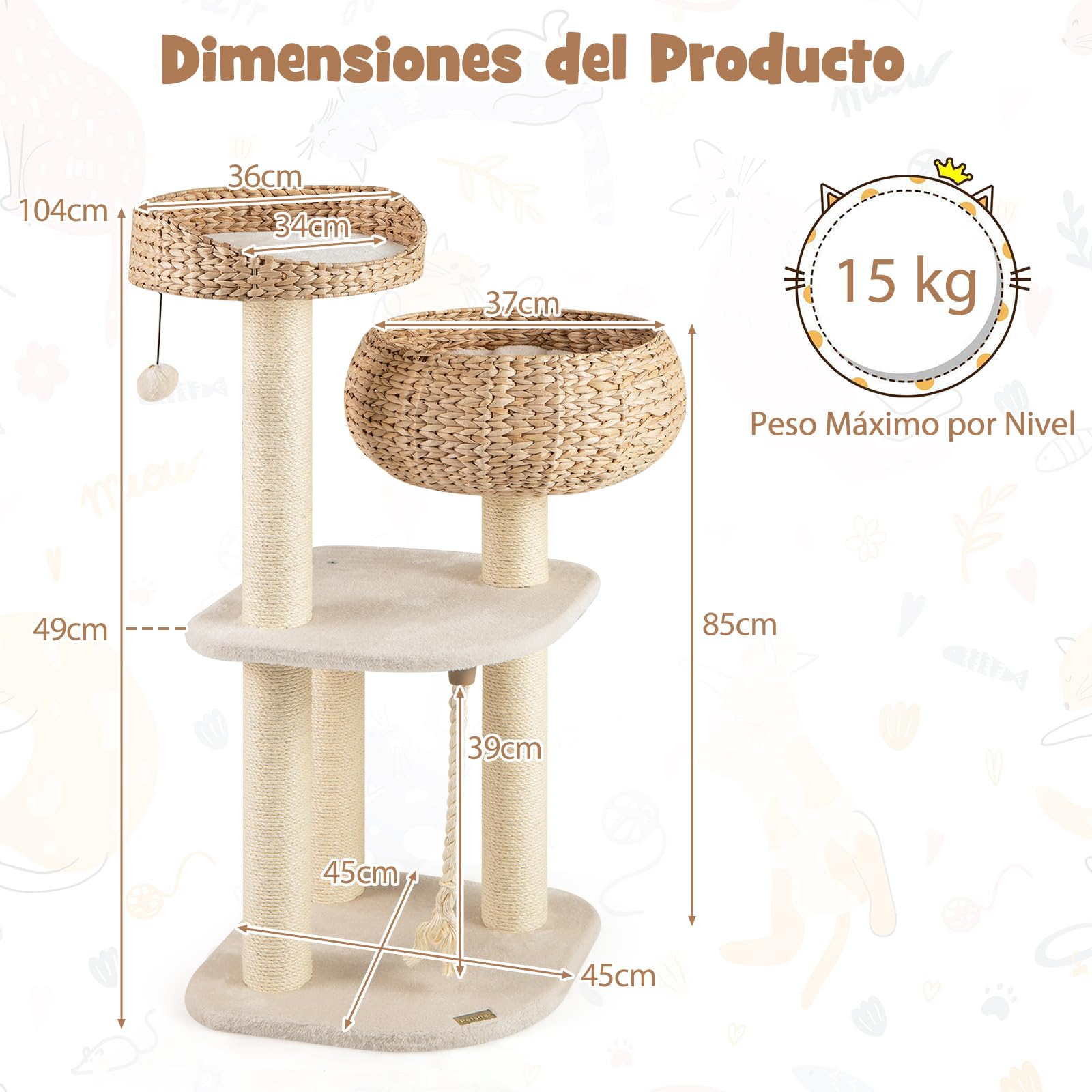 COSTWAY 104 cm Árbol Rascador para Gatos de Interior con Posaderos, Cama, Cesta Hechas a Mano, Juguete Colgando y Cuerda, Palos Rascadores de Sisal, Torre Rascador para Gatos, Casitillo Gato (Beige)