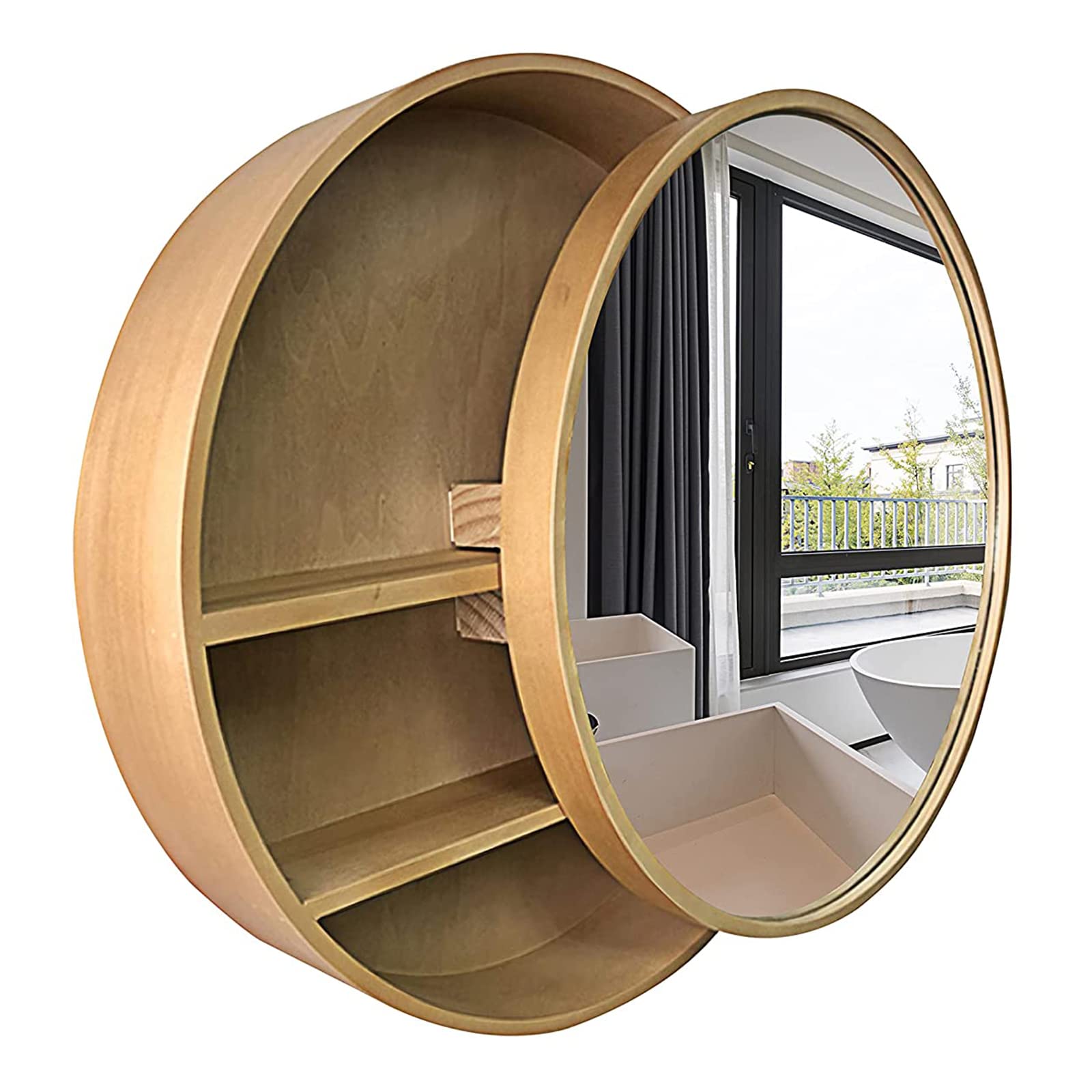 FGXHHS Wall-Mounted Wood Bathroom Cabinet with Mirror - 3-Level Shelving, Unique 2-in-1 Cosmetic Storage & Medicine for Stylish nization