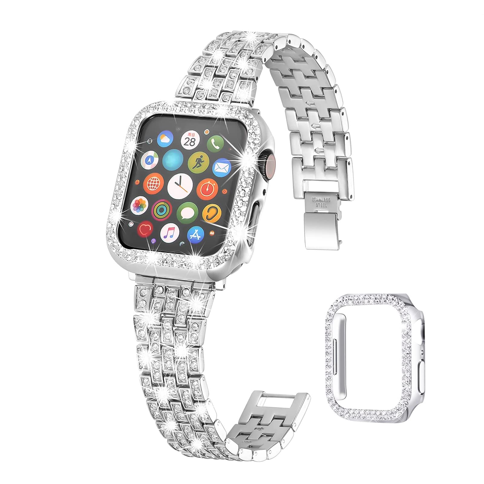 LHAIM Compatible with Apple Watch Band and Case 38/40/41/42/44/45mm for Women Girls, Dressy Rhinestone Diamond Sparkle Bling Glitter Jewelry Colorful Stainless Steel Metal Wristband Strap for iWatch Series7 6 5 4 3 2 1 SE