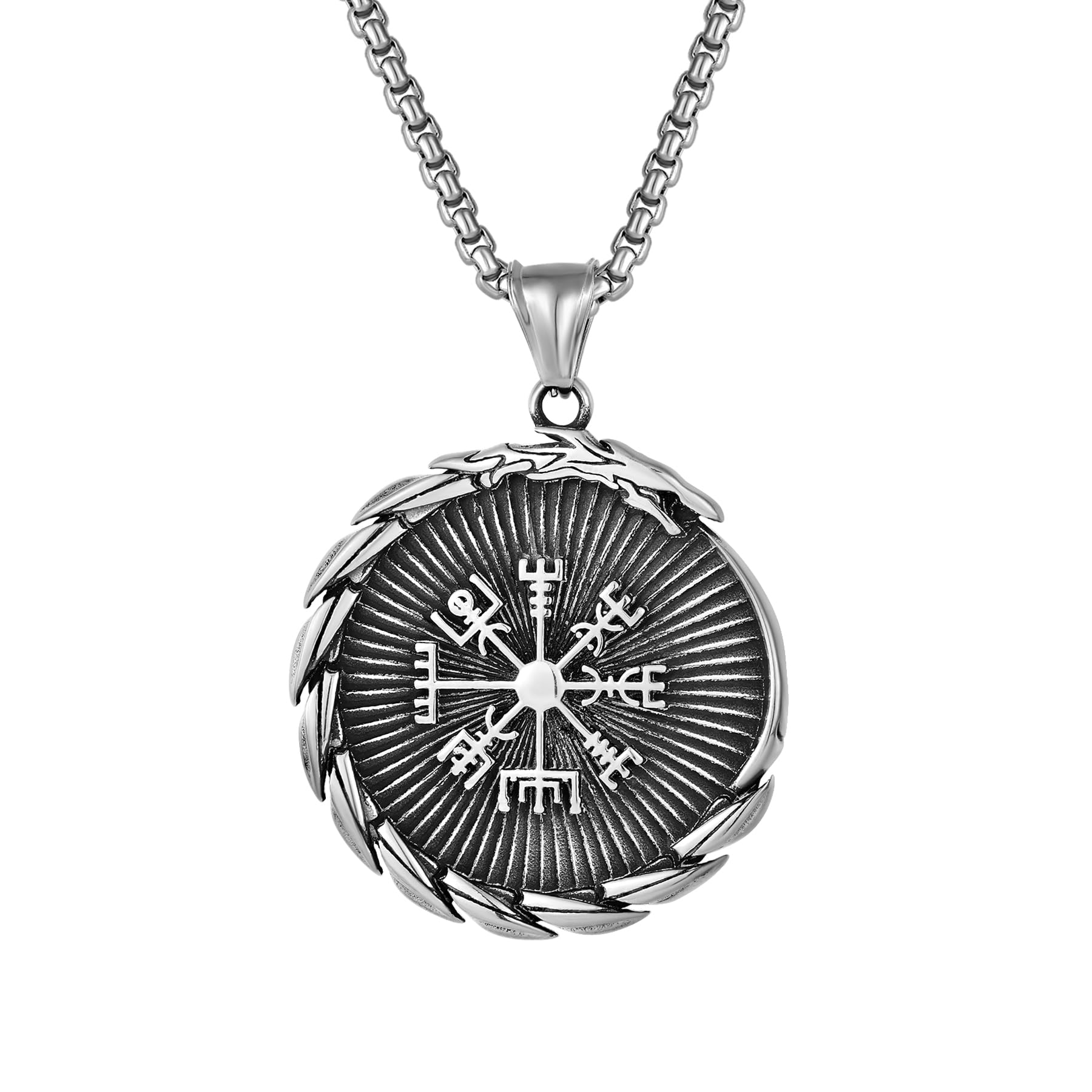 FYNSBLEViking Compass Pendant Necklace for Men 316L Stainless Steel Dragon Necklace Norse Mythology Odin Amulet Triangles Pendant Silver Gold Necklace Jewelry Gift for Men