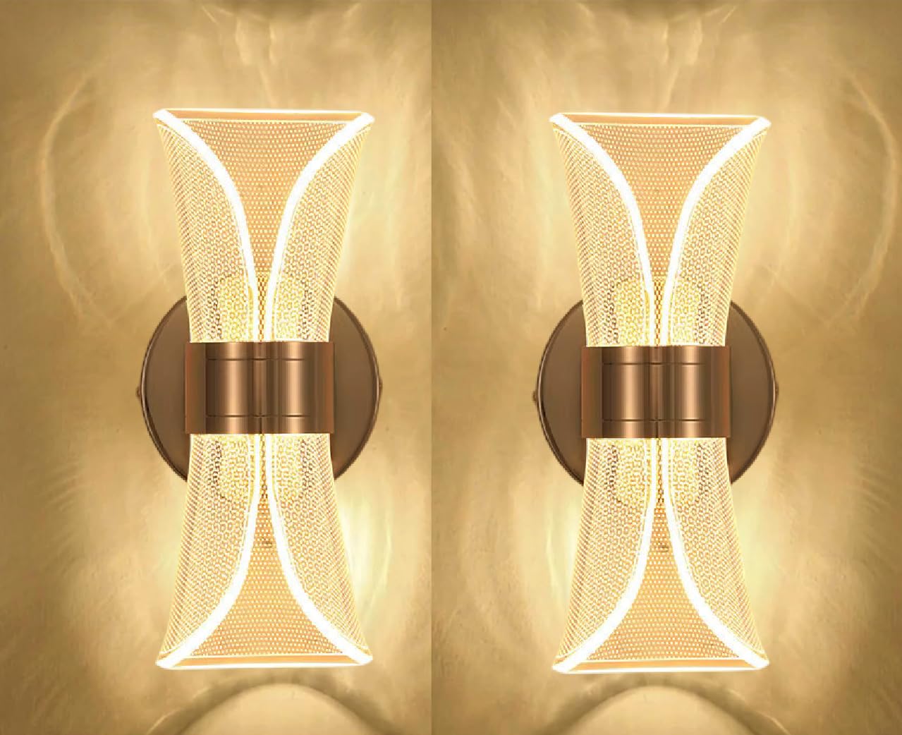 Groeien Pack of 2 |12W | 3 Color LED Nordic Sconce Golden Mesh Transparent Indoor Home Acrylic Wall Lamp for Bedroom Living Room Corridor Lighting Fixtures Wall Mount(Warm+Natural+Coolwhite)