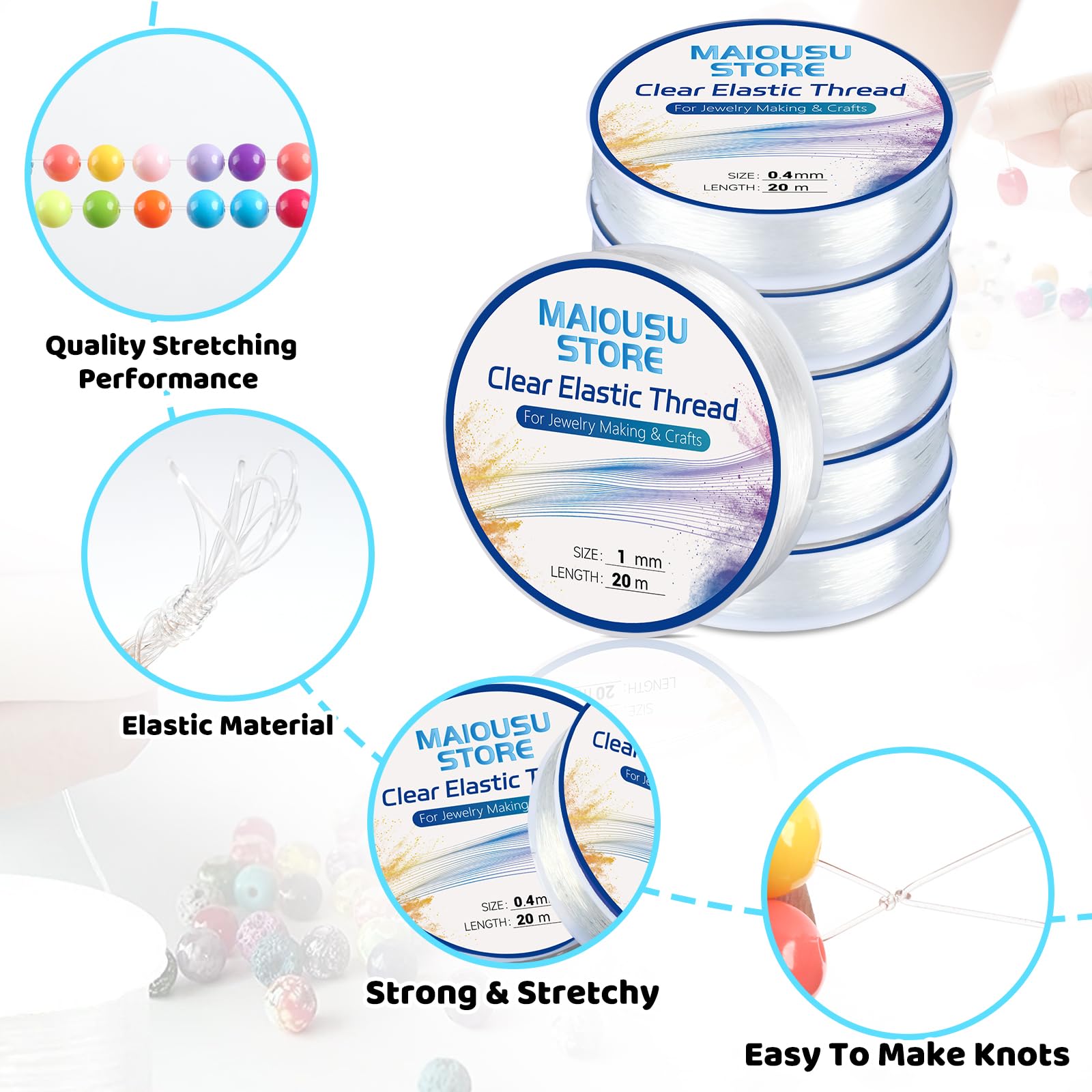 Pack of 6 Clear Elastic Bracelet String for DIY Jewelry Making 120m(0.4,0.5,0.6,0.7,0.8,1mm), 20m/roll with 1 Scissor and 2 Needles Clear Bracelet Elastic Thread Stretchy Elastic for Bracelet Making