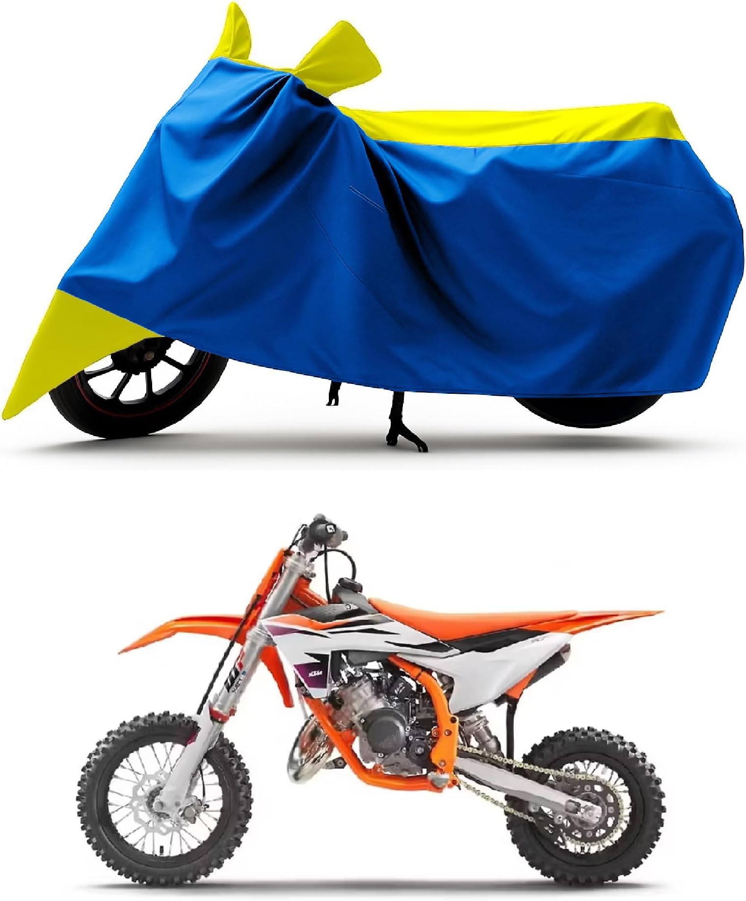 All Season Protection Bike Cover for KTM 50 SX Bike Cover with Water-Resistant and Dust Proof Premium 190T Fabric_Yellow Stripe with Royal Blue Body