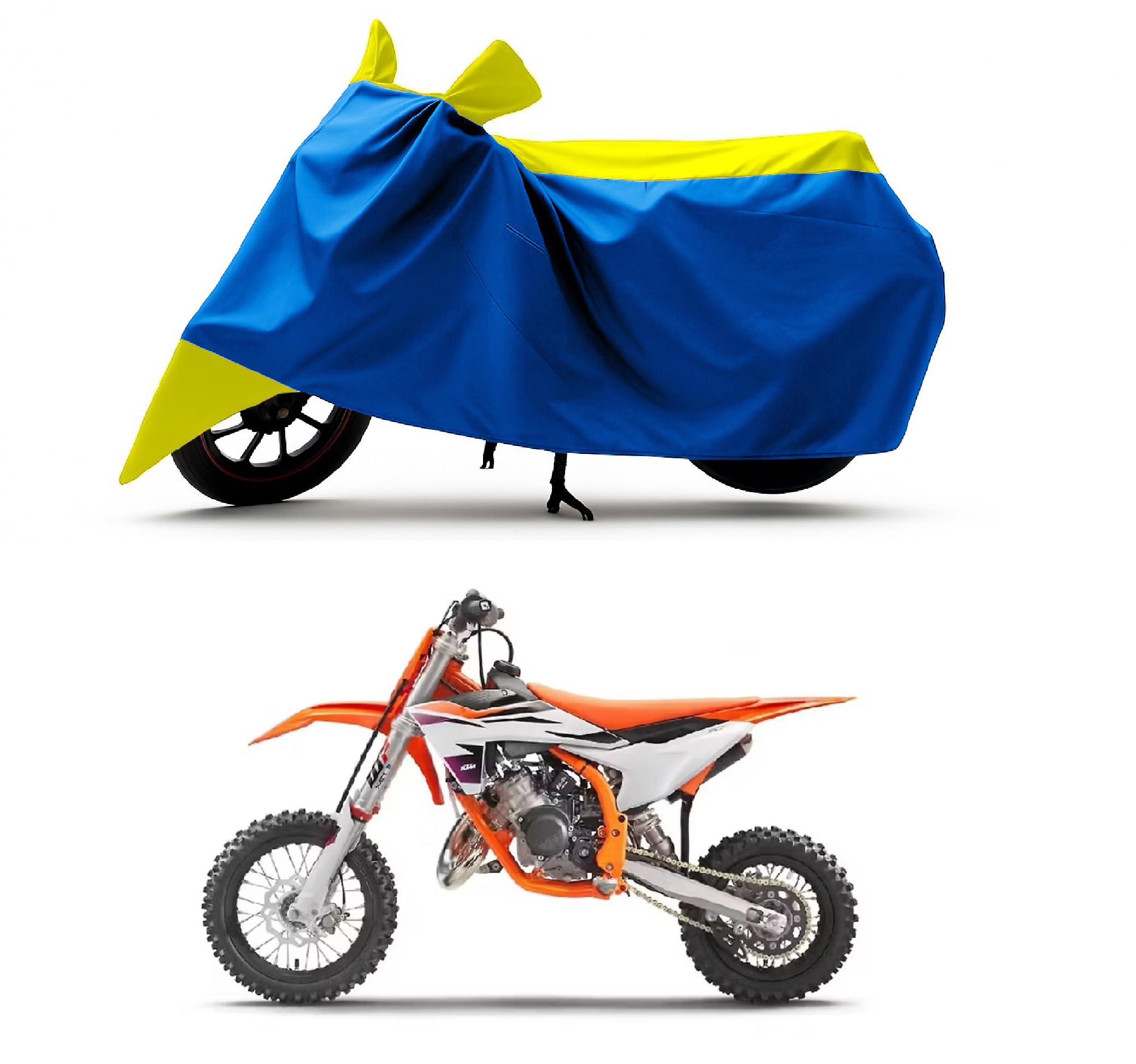All Season Protection Bike Cover for KTM 50 SX Bike Cover with Water-Resistant and Dust Proof Premium 190T Fabric_Yellow Stripe with Royal Blue Body