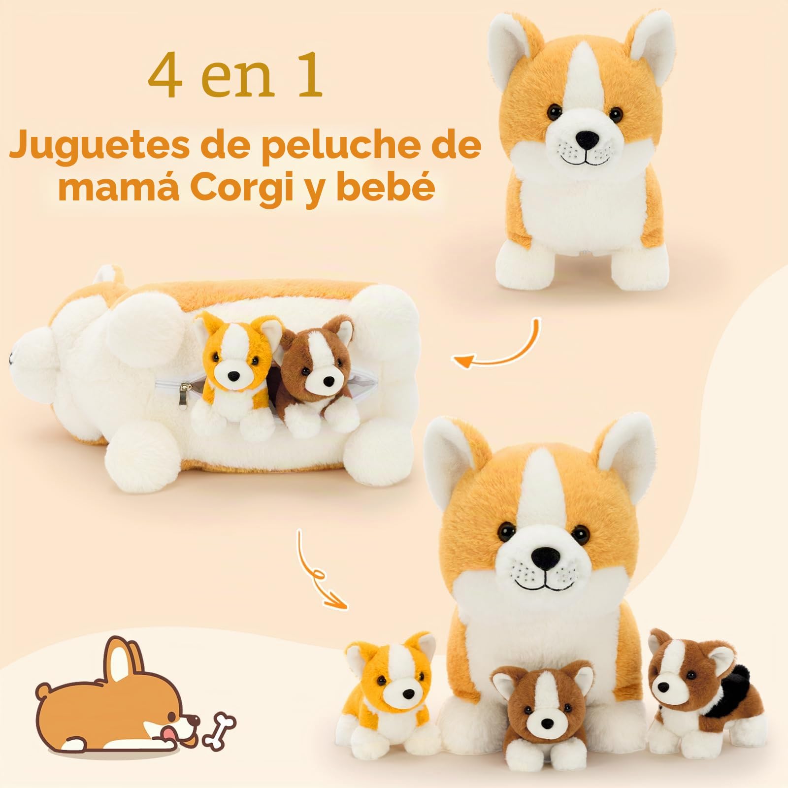 MorisMos 4 Peluches de Perro Corgi de 40 cm con 3 Cachorros en el Interior, Regalo Kawaii para niños y niñas
