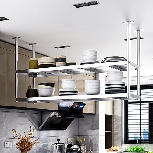 Miniatura 4 de Shelves Whftd Double Iayer 304 Stainless Steel Ceiling Storage Shelf, Hanging Floating Shelves, for Restaurant Bar Display StandDecorative Storage