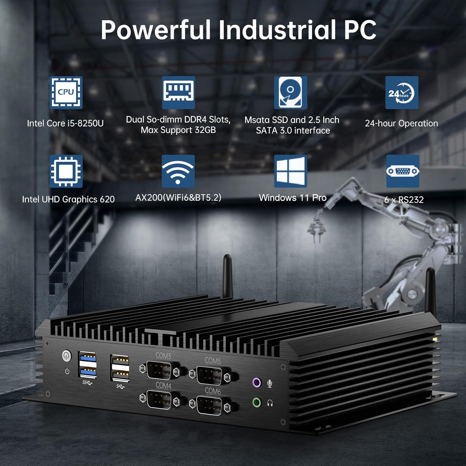 Thdeukoty Industrial Mini PC, Fanless Desktop Computers Win 11 Pro, HTPC i5-8250U up to 3.4Ghz, 8G DDR4 128G SSD/COM/USB 3.0/4K/HDMI/VGA/2.5G LAN/WIFI6/BT 5.2/Full Metal Case/Auto Power On