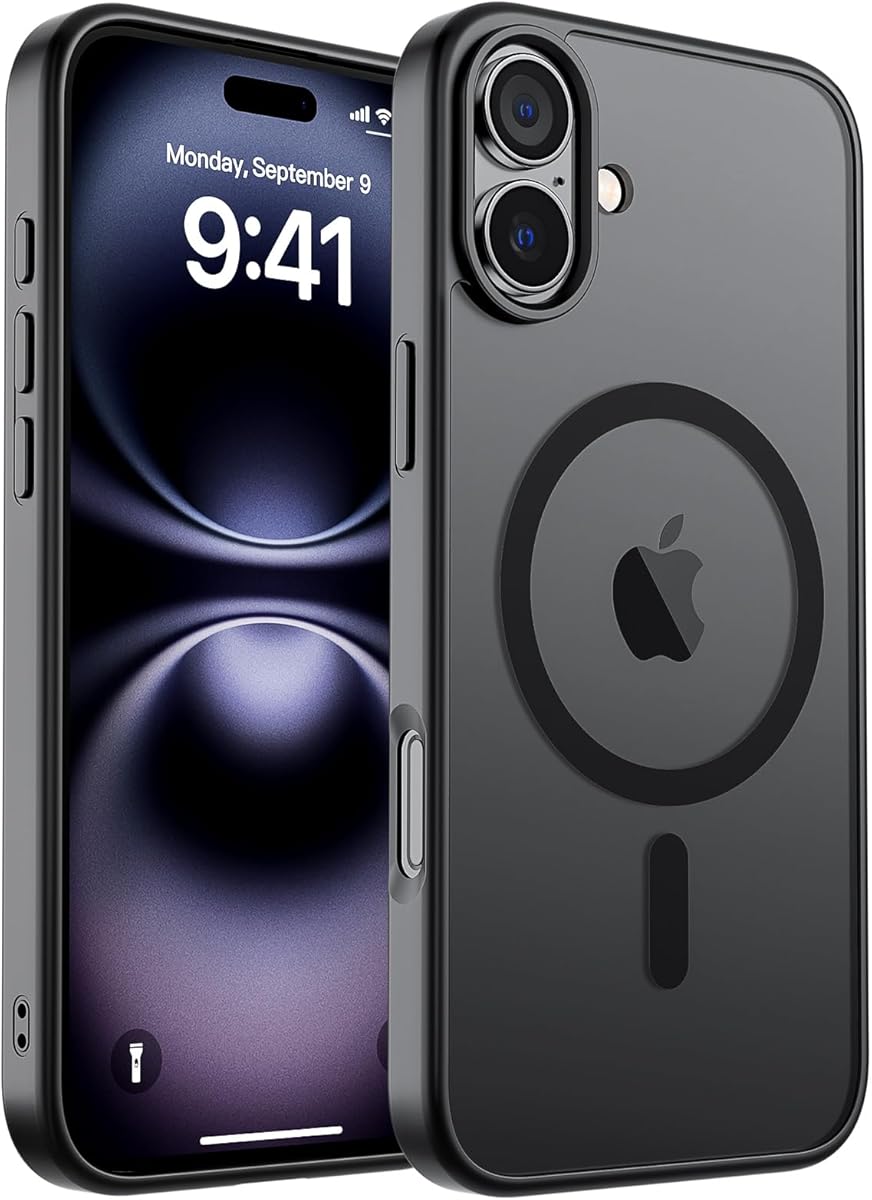 SUPFINE Magnetic for iPhone 16 Case (Compatible with MagSafe) (Military Grade Drop Protection) Translucent Matte Shockproof with Anti-Fingerprint Phone Cover,Black