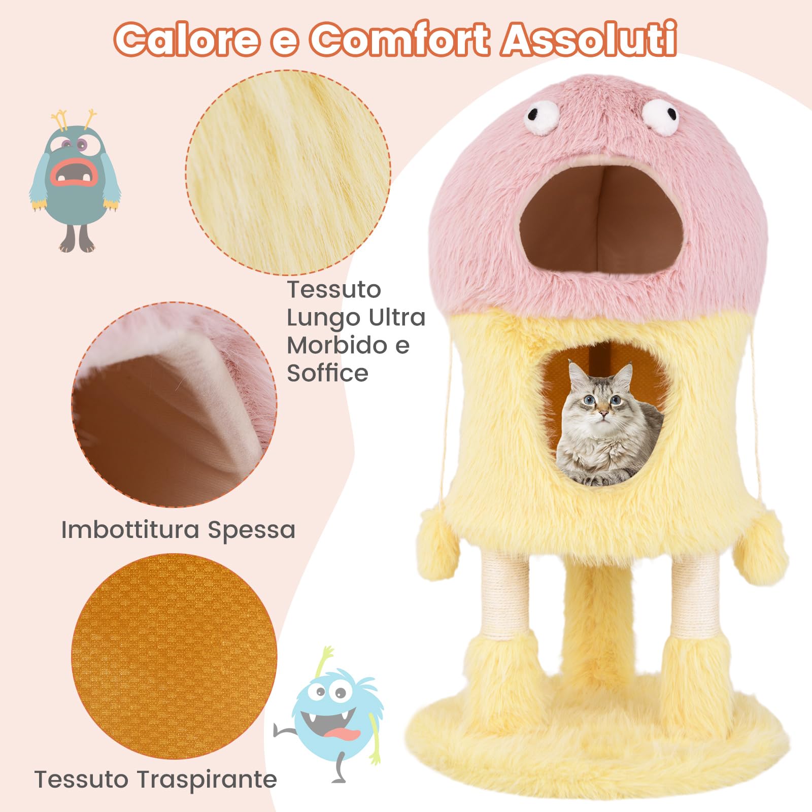 COSTWAY Tiragraffi per Gatti 93 cm, Torre di Gatti a Tema Mostro, Piuma Morbida e Lunga, Palo per Graffio in Sisal e Giocattoli Pendenti, Centro Attività per Gattini a 3 Livelli