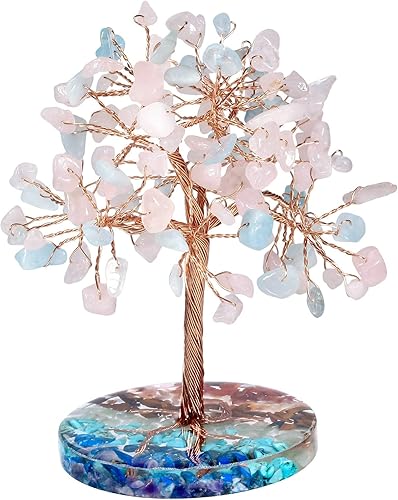 mookaitedecor Árbol de dinero de cristal de cuarzo rosa natural y aguamarina con 7 piedras de chakras, base de resina, escultura de Feng Shui,