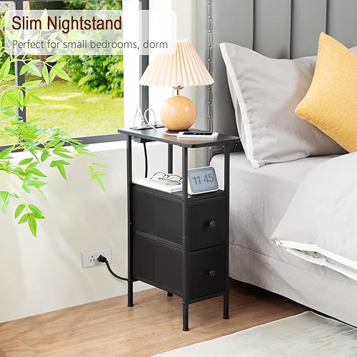 Miniatura 7 de HETNDP02BK-1 - Mesa auxiliar estrecha con cajones de tela, mesita de noche delgada para dormitorio, espacios pequeños, sofá, color negro,