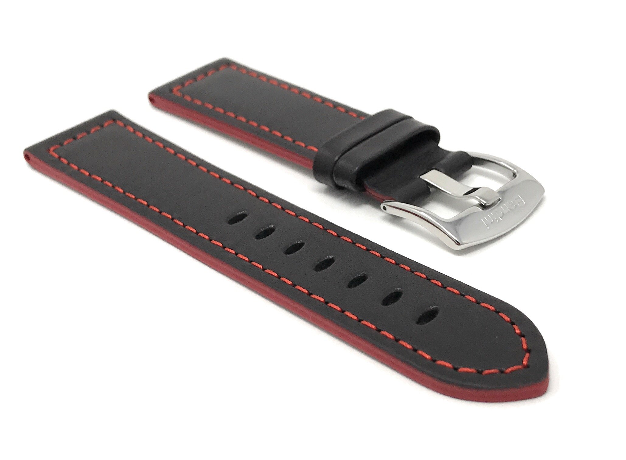 BandiniMens Leather Watch Band Strap, Racer, Stainless Steel Buckle, Black with a Choice of 6 Different Colored Stitch (18mm, 20mm, 22mm, 24mm)