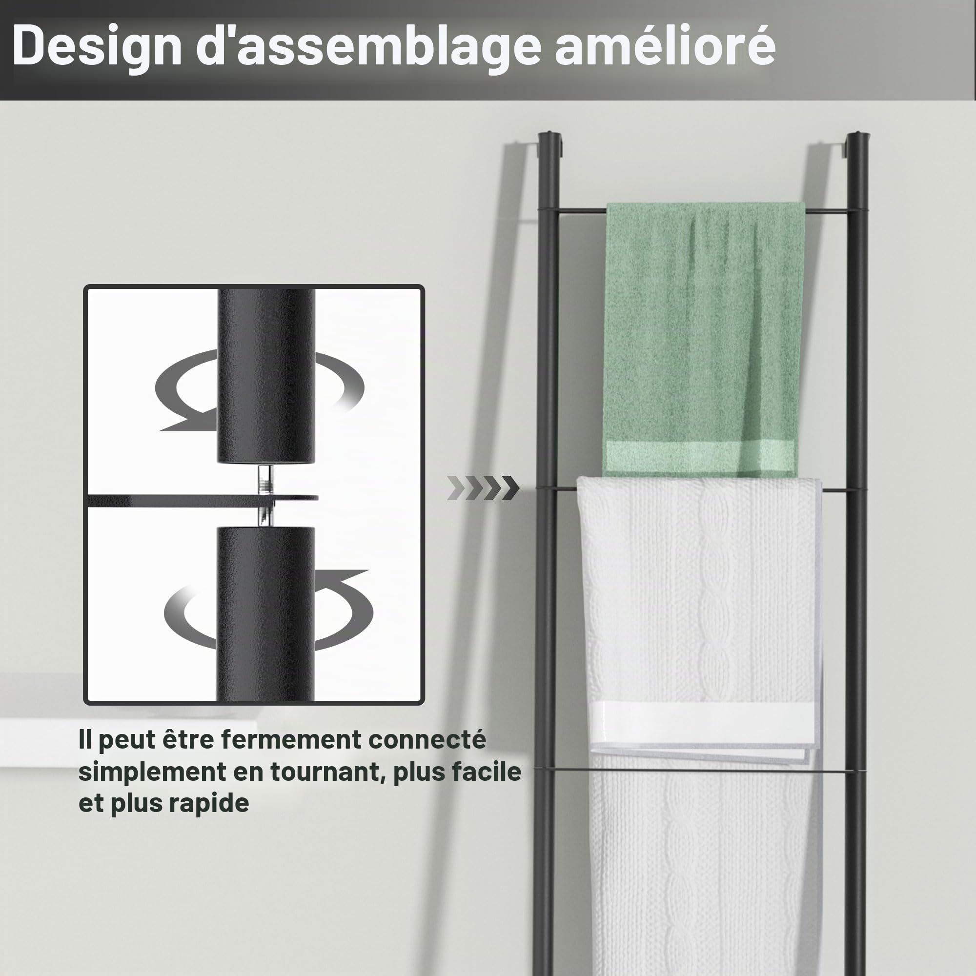 pickpiff Échelle de couverture en métal noir – Porte-serviettes mural sur pied pour salle de bain, salon, cuisine, support pour serviettes, couvertures, jetés, quits (4 niveaux, noir)