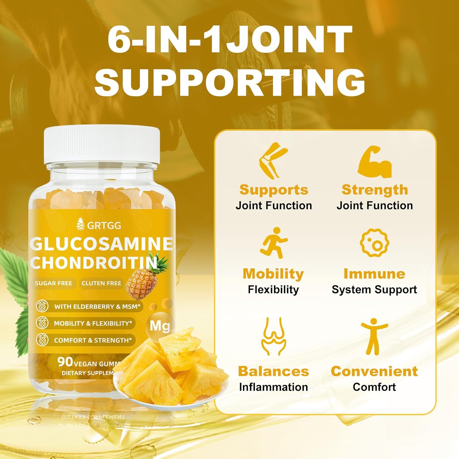 Glucosamine Chondroitin Gummies with MSM & Elderberry Extra Strength 3000MG - Joint Support, Antioxidant Immune Support Supplement for Adults, Men & Women - 90 Pineapple Gummies - Image 3