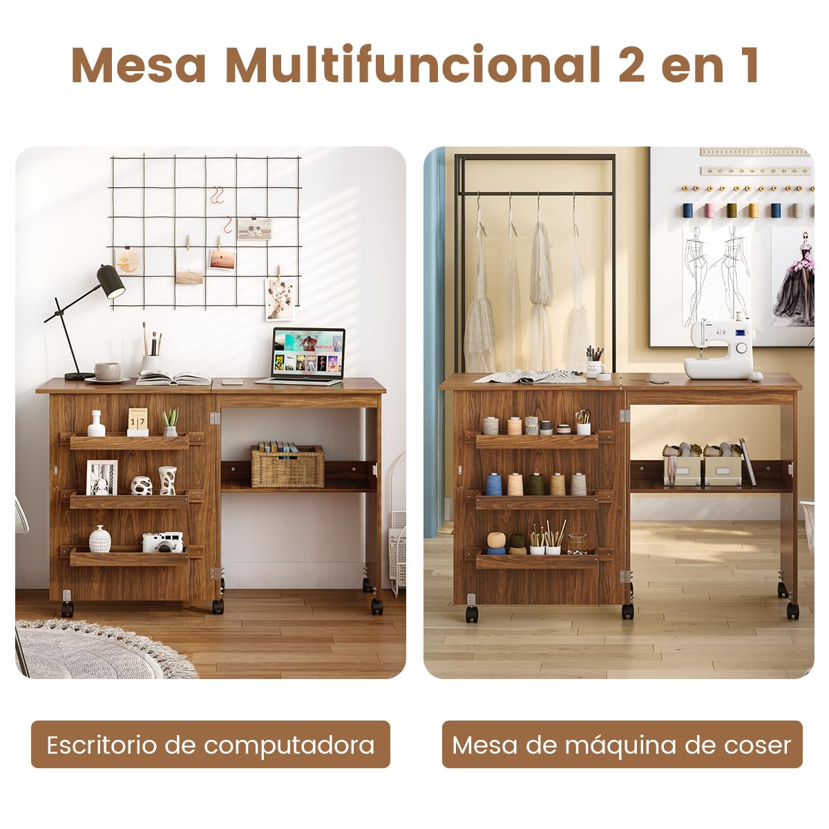 RELAX4LIFE Mesa de Costura Plegable con 5 Ruedas, 4 Estantes de Almacenamiento y Frenos, Mesa para Máquina de Coser de MDF, Mesa Multifuncional para Salón, Dormitorio, 118,5x40x79,5cm (Marrón)