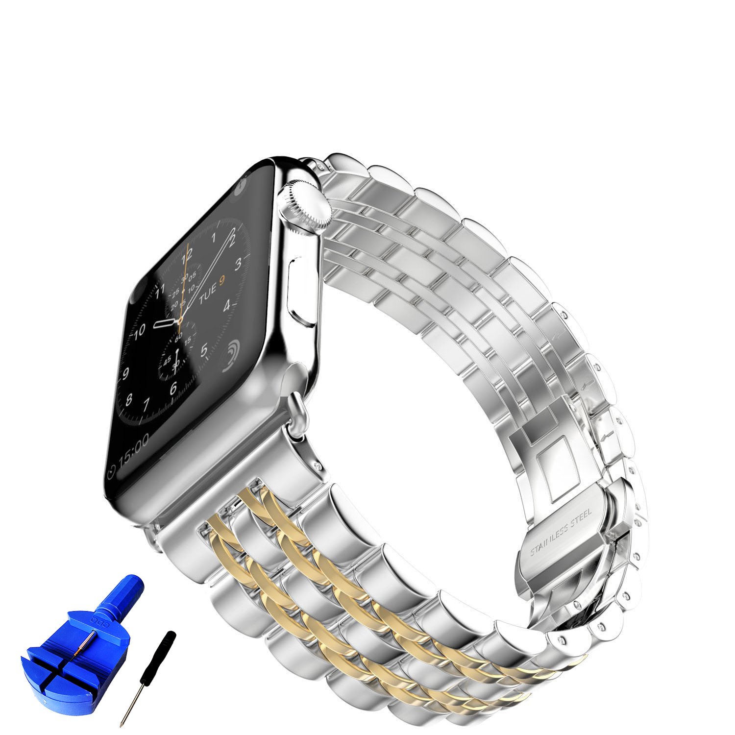 Huanlong Latest Solid Stainless Steel Metal Replacement 7 Pointers Watchband Bracelet With Double Button Folding Clasp For Apple Watch Iwatch Silver Gold 42 Mm Buy Online In Brunei At Brunei Desertcart Com Productid 28201978