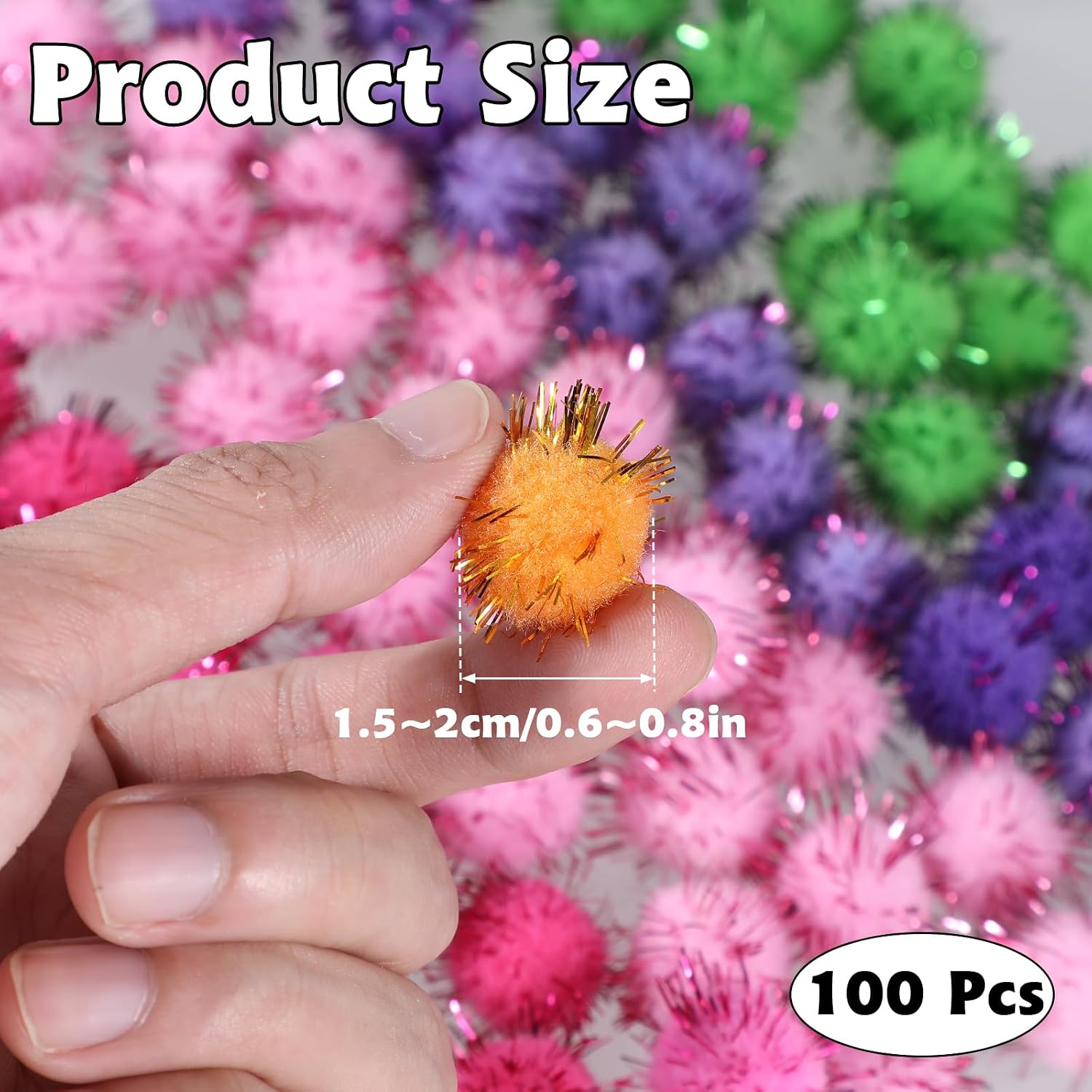Oruola 100 Pcs Mini Pompoms for Crafts, Multicolor Craft Pom Poms, 0.6-0.8 Inch Glitter Pom Poms, Pompoms for Crafts DIY Art Creative Decorations Cat Toys, Children Gift