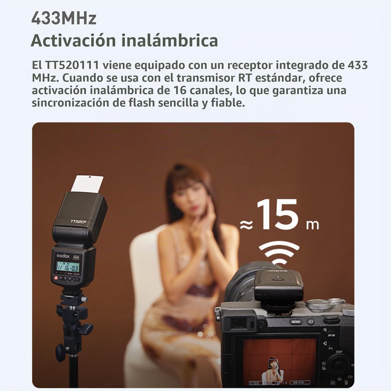 GODOX TT520III Speedlite - Flash de cámara con lanzador RT-16, 433 MHz inalámbrico flash GN33 S1/S2, control óptico, diseño de zapata de contacto único, funcionamiento con batería, compatible con