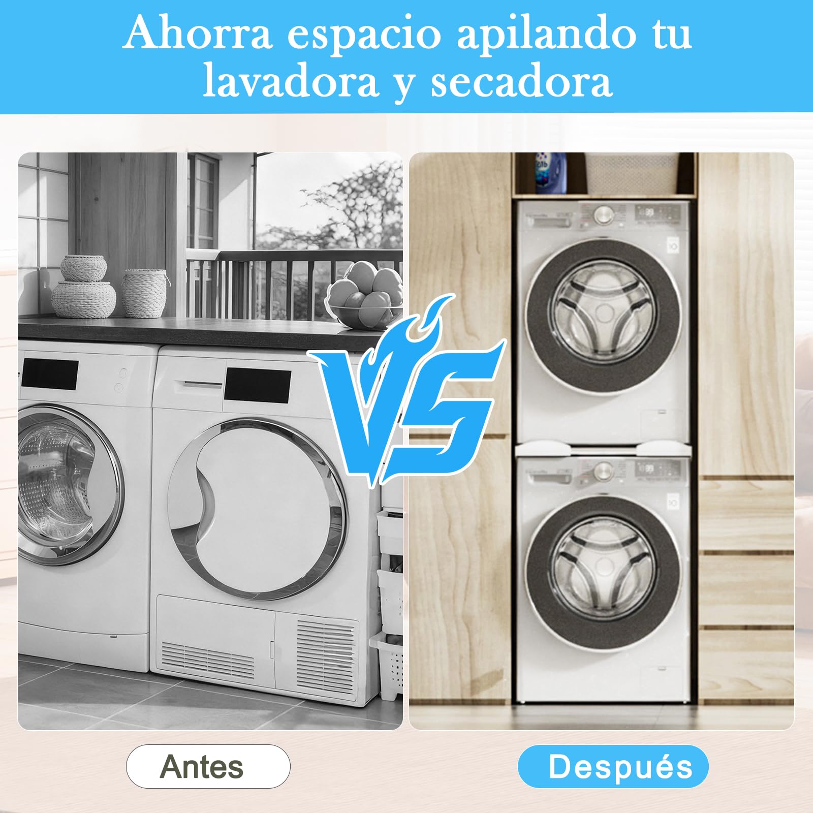 DEWEL Marco intermedio secadora lavadora, marco de conexión lavadora secadora universal, con cuerda de trinquete, conexión ajustable para lavadora-secadora, 45-65 cm