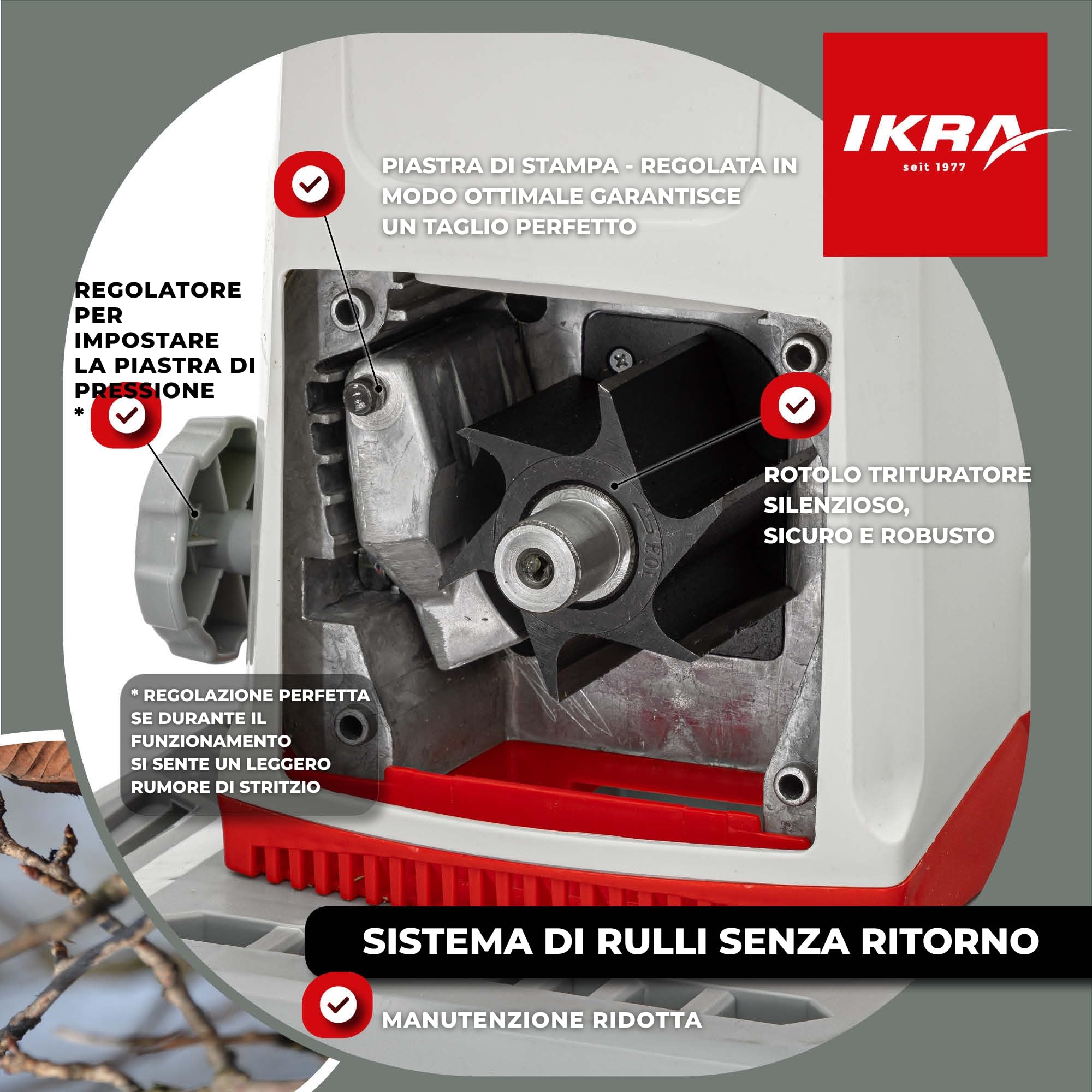 IKRA trituratore elettrico ILWH 3000, per rami Ø 45 mm, Blauer Engel | Motore a induzione, 3000W, alimentazione automatica dei rami, interruttore a levetta per la retromarcia