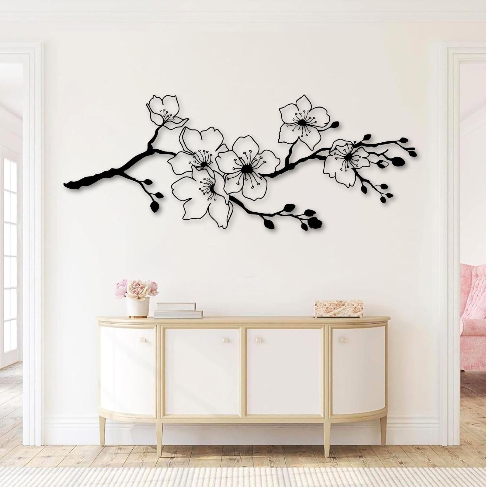 Decorazione murale in Metallo con Fiori di ciliegio Sakura, Arte Moderna Giapponese in Metallo, Scultura Moderna con Fiori di ciliegio Sakura per Soggiorno, corridoio e Scale (Bianco 41" Lx16