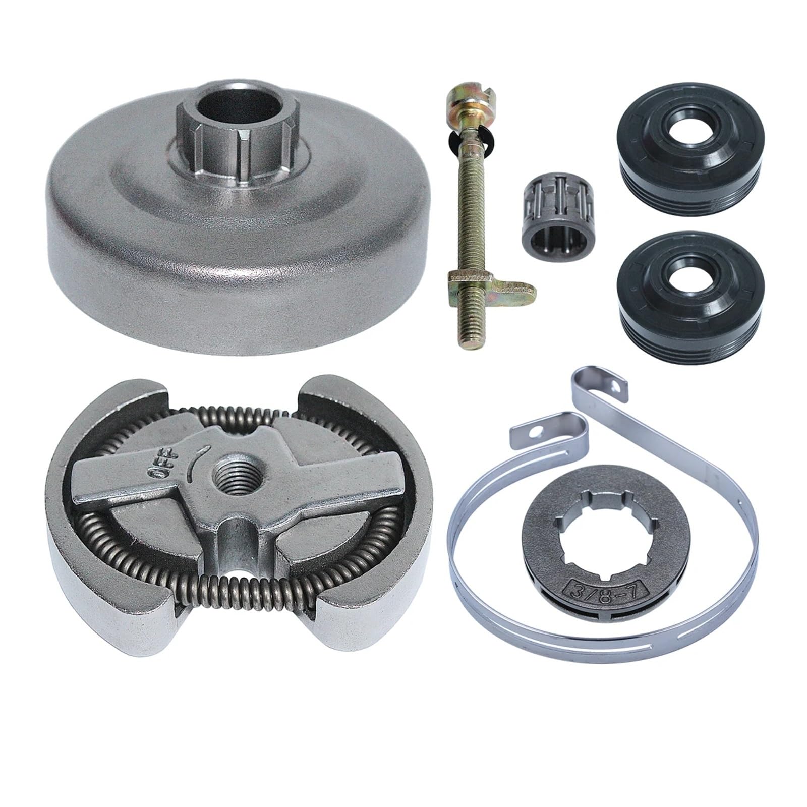Kit de llanta de piñón de Tambor de Embrague de Repuesto 3/8/7t Compatible con motosierras 420, 390, 350, 351, 352, 370 y 371 con Sello de Aceite y Banda de Freno de Cadena.