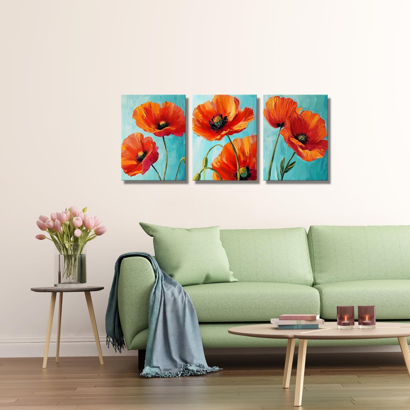 Kalormore 3 Pieces Poppy Flower Canvas Wall Art Orange Poppies Picture Rustic Teal Wall Decor Freamd Ready to Hang