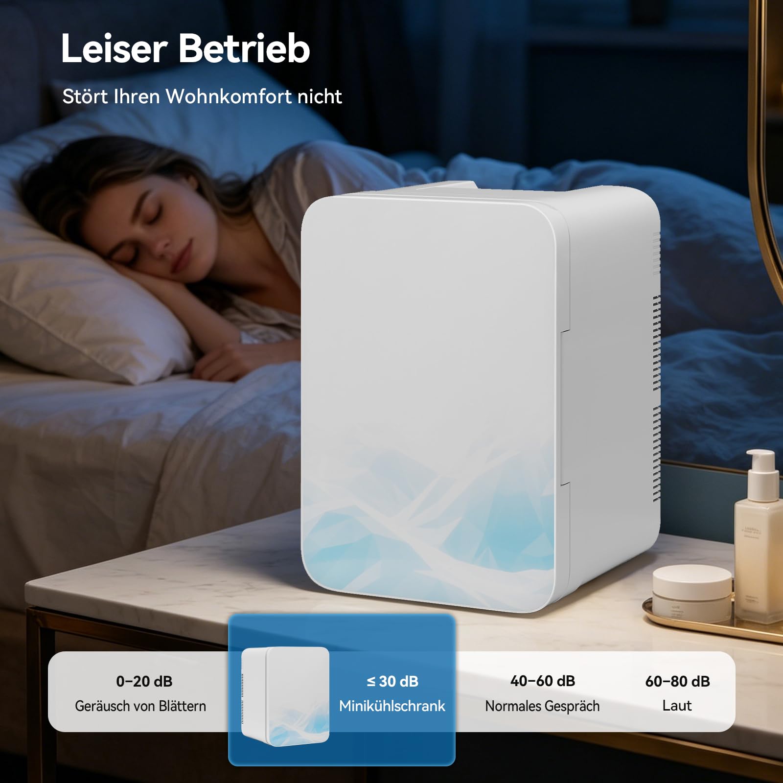 Mini Kühlschrank 20L,2 in 1 Kleiner Kühlschrank,mit Eleganter Glasfront,220V AC/12V DC,Mini-Kühlschränke,Tragbarer Skincare Fridge für Kosmetik,Getränke,für Auto/Büro/Camping,Blau+Weiß