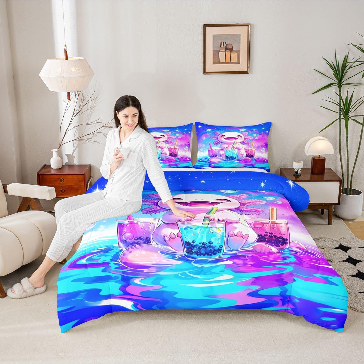 Homewish Uroczy zestaw pojedynczej kołdry Axolotl - dla chłopców Pruple Blue Milk Tea zestaw pościeli księżniczka tęczowy aksolotl zestaw kołdry - kolorowe gwiazdy chmura poszewka na kołdrę