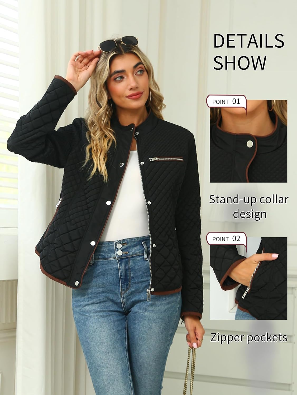 Bellivera Women's Fleece-Lined Diamond Quilted Puffer Jacket Winter Coat | Stand Collar Casual Padded Outerwear with Soft Thermal Lining, Zipper Front, and Classic Stitched Surface