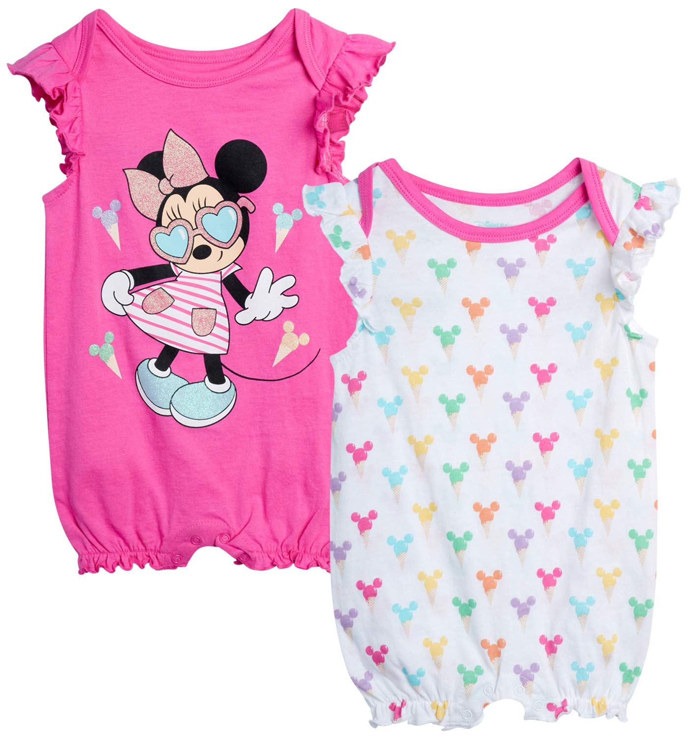 Disney Baby Girls Romper 2 Pack: Minnie Mouse Ruffle Sleeve Romper (Newborn/Infant), Size 0-3 Months, Hot Pink Minnie./ White Multi Hearts