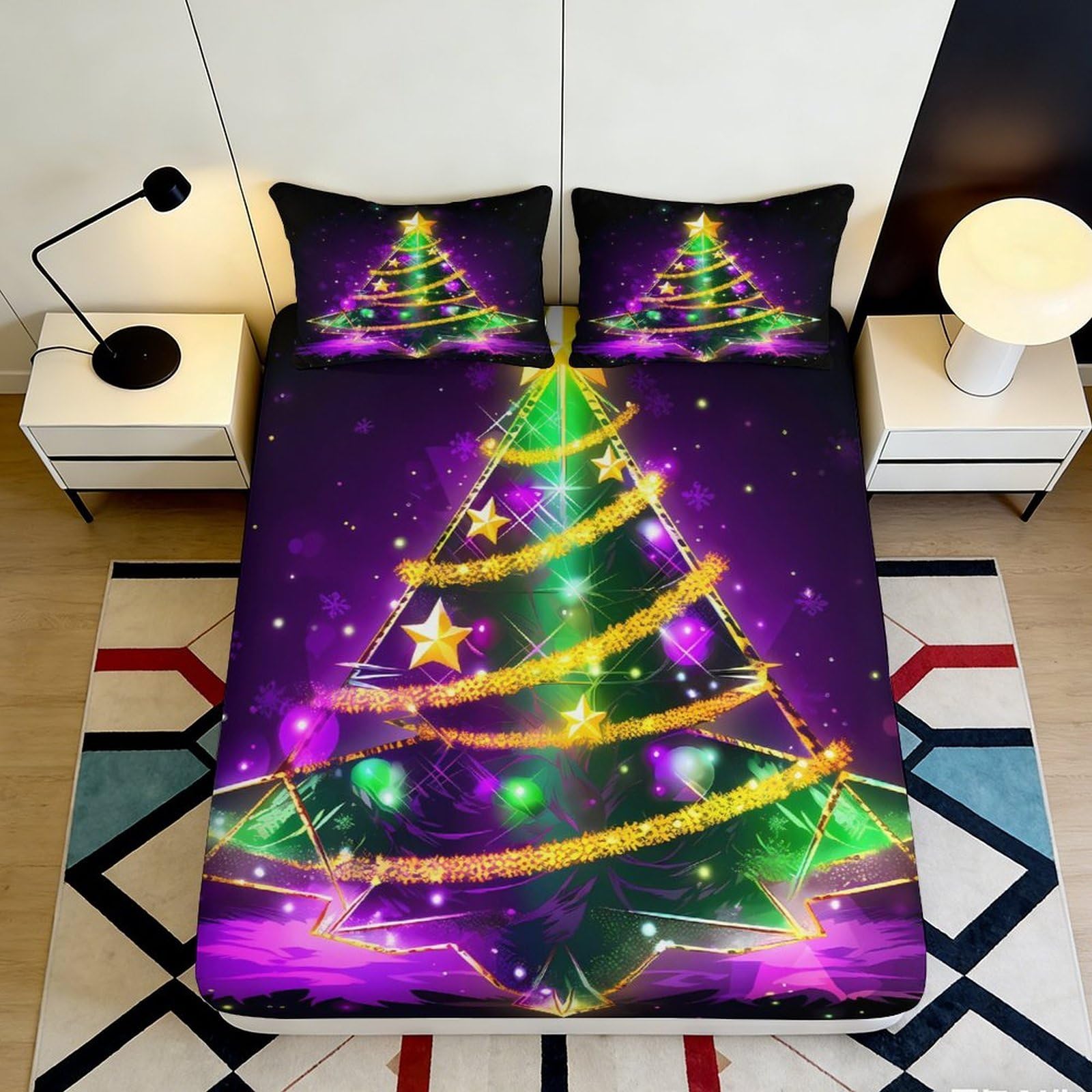 3D Printed Christmas Tree Fitted Sheet Microfiber Deep Pocket Non-Slip Bedroom Xmas Tree Mattress Fitted Cover Washable 120x200x25cm