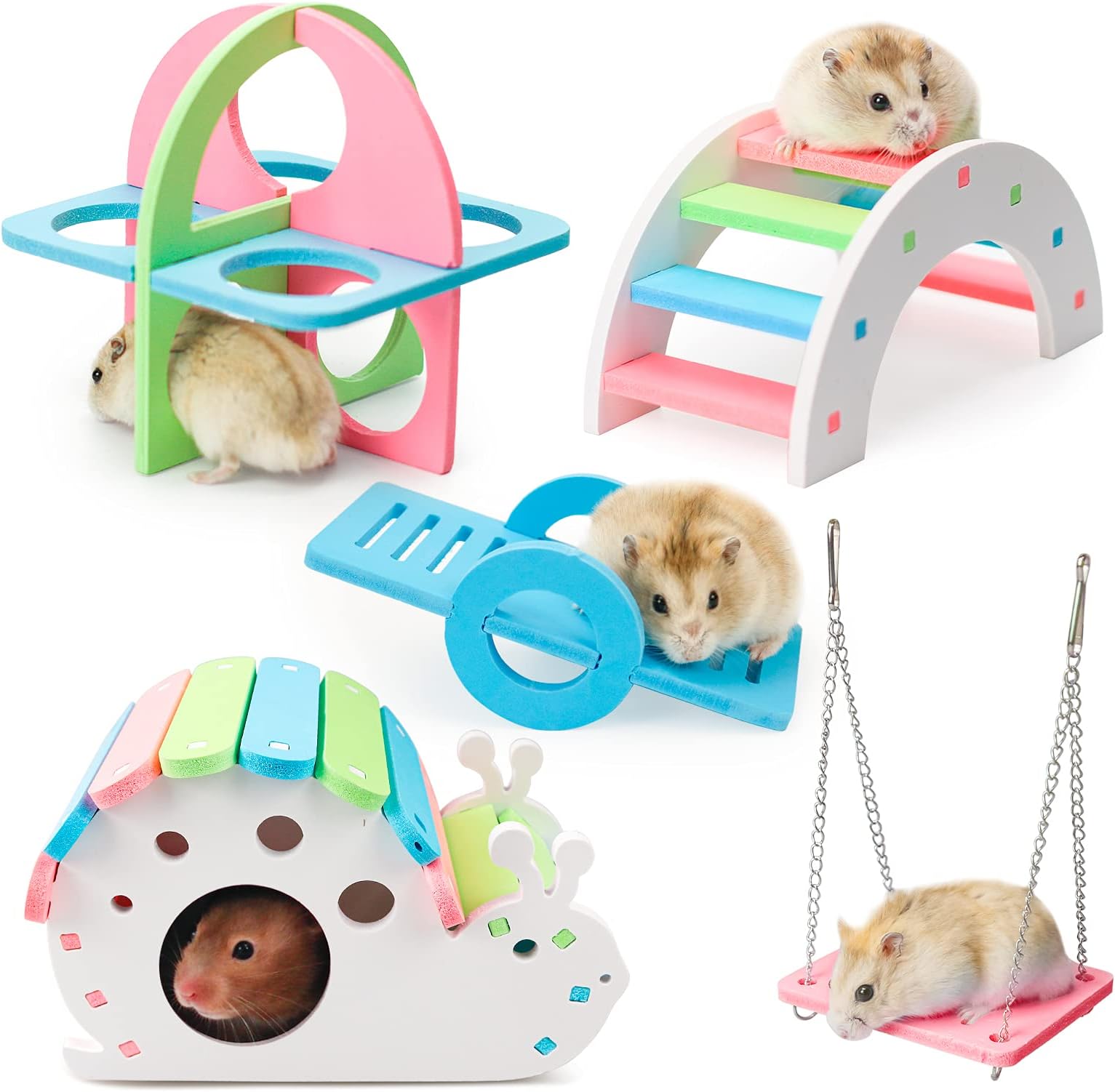 5 Pcs Hamster Toy Set - Rainbow DIY Hideout House Bridge Swing and Seesaw, Pet Sport Exercise Cage Accessories for Gerbil Mouse and Small Pets (S)