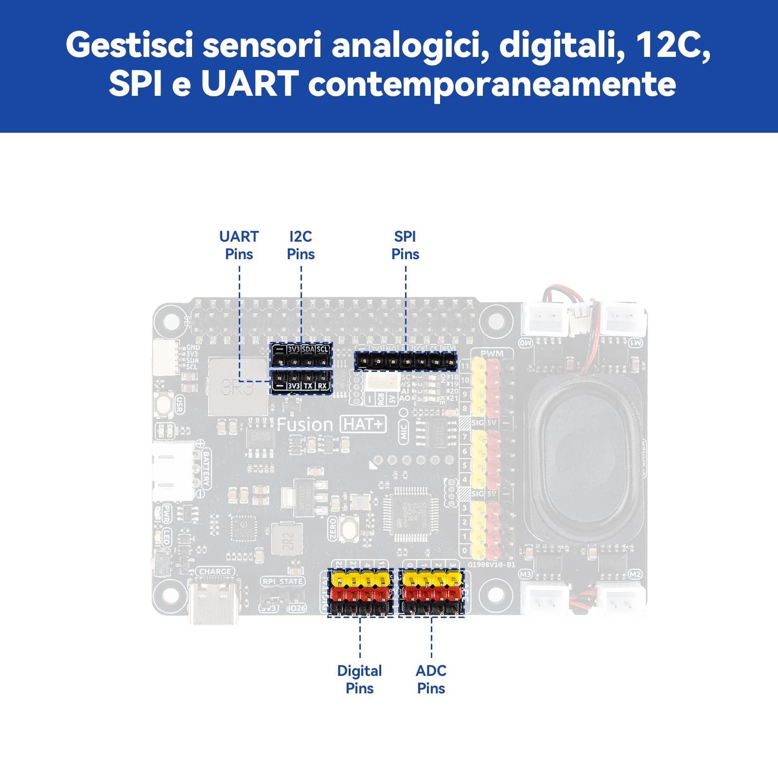 SunFounder Fusion HAT+ scheda di espansione per Raspberry Pi5/4/3B+/Zero 2W,batteria ricaricabile,4 driver motori DC, 12 servo PWM,ADC,altoparlante e microfono,compatibile con AI LLMs(ChatGPT/Gemini)