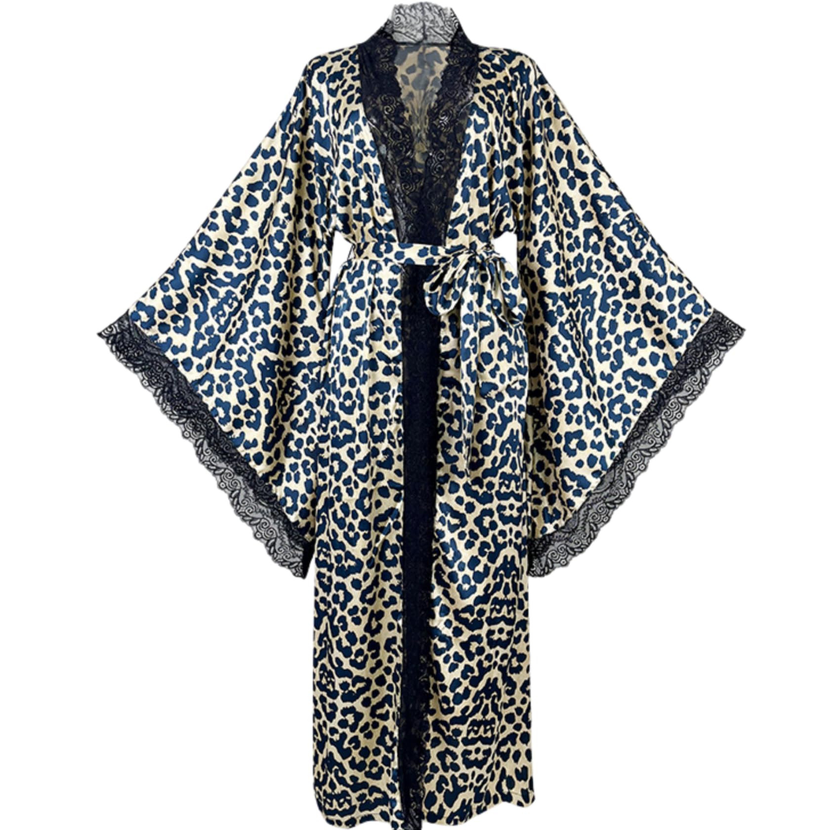 Peignoir Robe Robe Longue en Satin À Imprimé Léopard Et Bordure en Dentelle pour Femme Coupe Ajustée Vêtement D'Intérieur