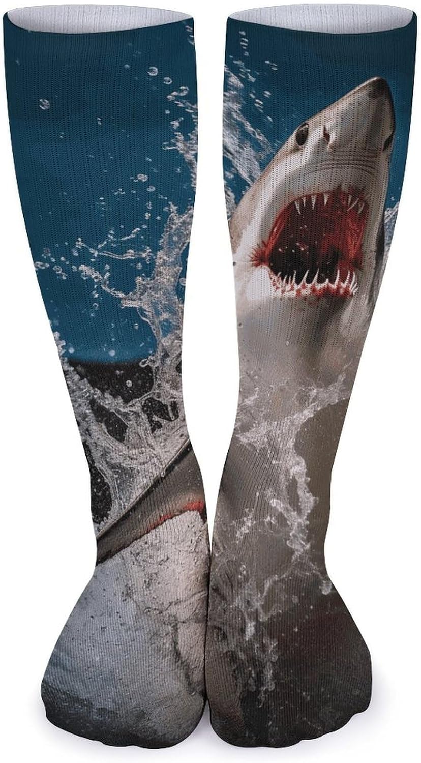 5-Pack Knee High Socks, 15.7 Inch Breathable Casual Socks Shark Attack Fish Stockings for Men Women