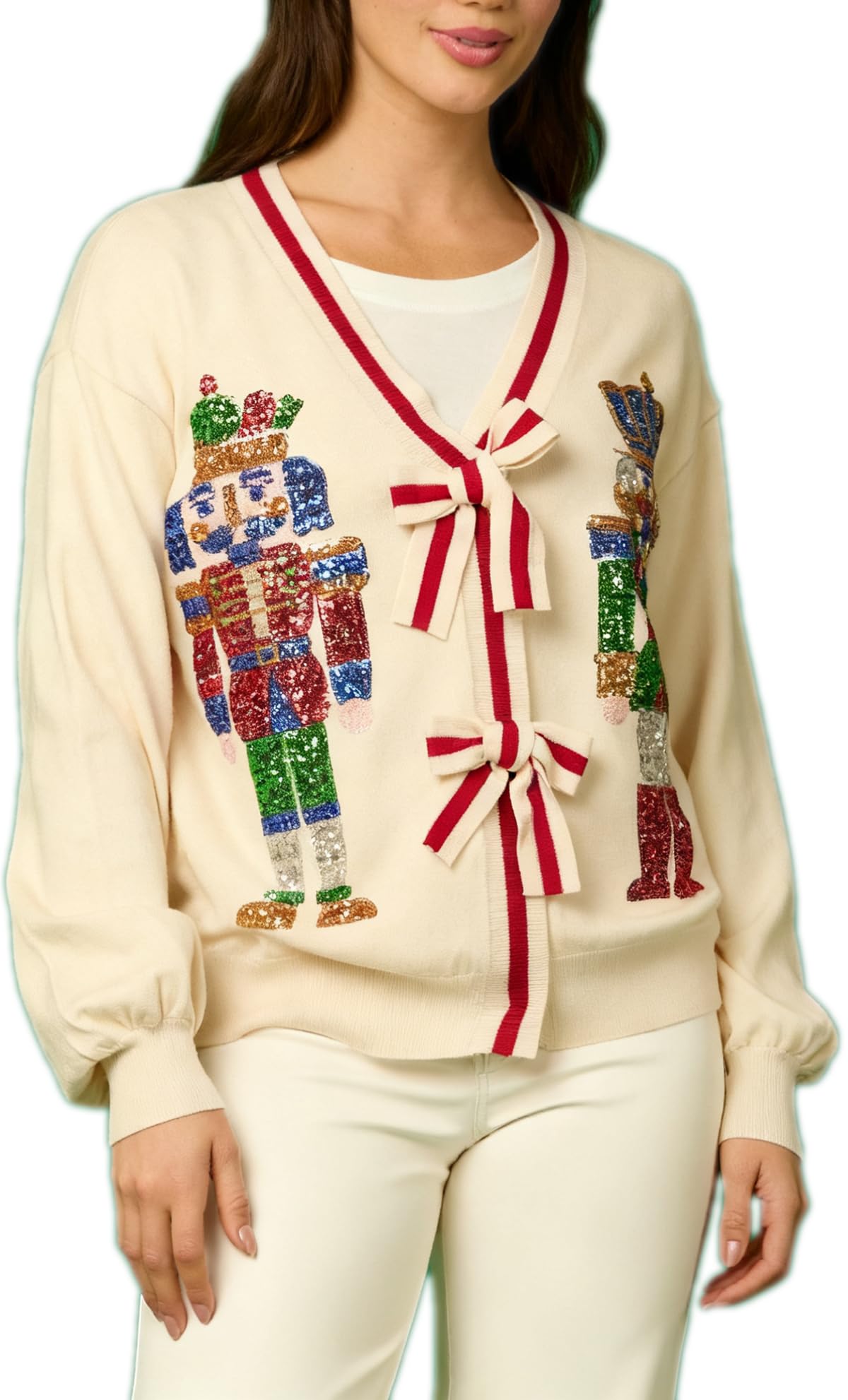 Womens Bow Tie Cardigan Sweaters Sequin Graphic Long Sleeve Open Front Knitted Cardigans Cute Party Sweater Tops