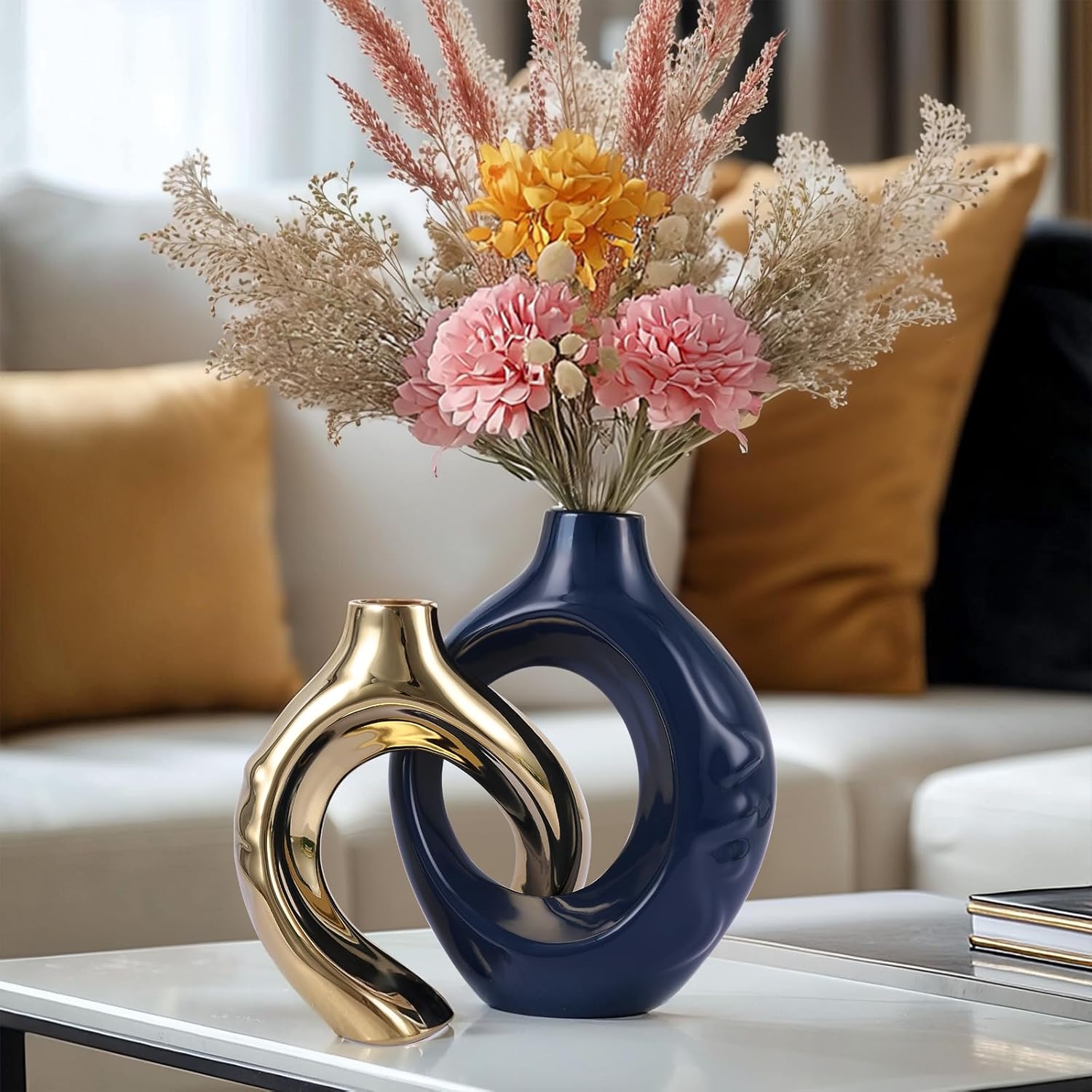 Navy Blue Gold Ceramic Vase Set of 2 for Modern Home Decor,Round Boho Vase for Pampas Grass,Neutral Minimalist Statue for Dining Room Table Centerpiece Dining Room,Wedding Table Decoration