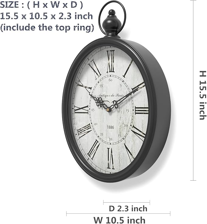 Reloj de Pared Ovalado Retro Menterry Negro Vintage Silencioso miniatura 3