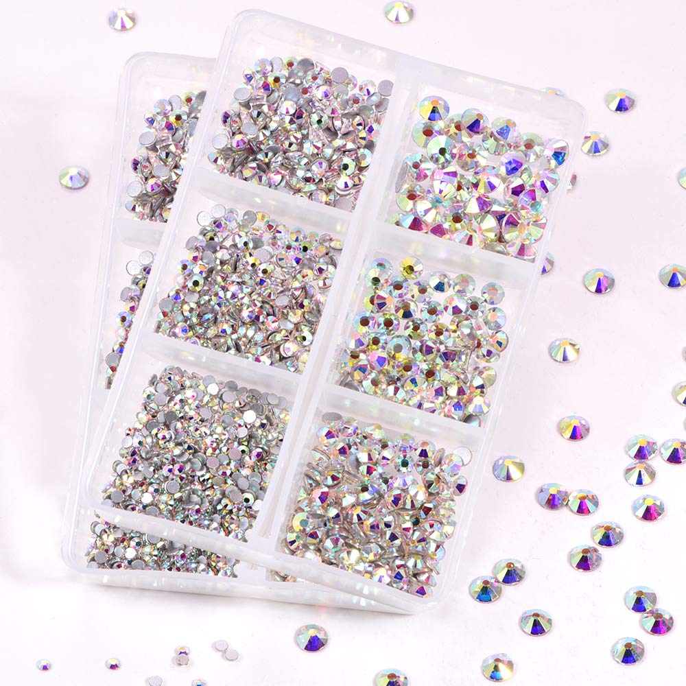 BLINGINBOX Nail Art Rhinestones, 2 Boxes Total 2400 Pieces Nail Crystals Rhinestones Multi-Size Glass Flatback Crystal for Nail Art Decorations (Crystal AB)