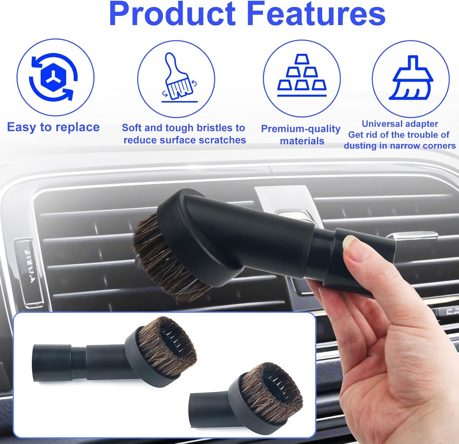 3pcs Horse Hair Brush Vacuum Attachments, 1.25'' Black Round Dust Brush Replacement with 1-1/4'' to 1-3/8'' Hose Adapter Tool for Hard-to-Reach Areas, Most Vacuum Cleaners Accessories
