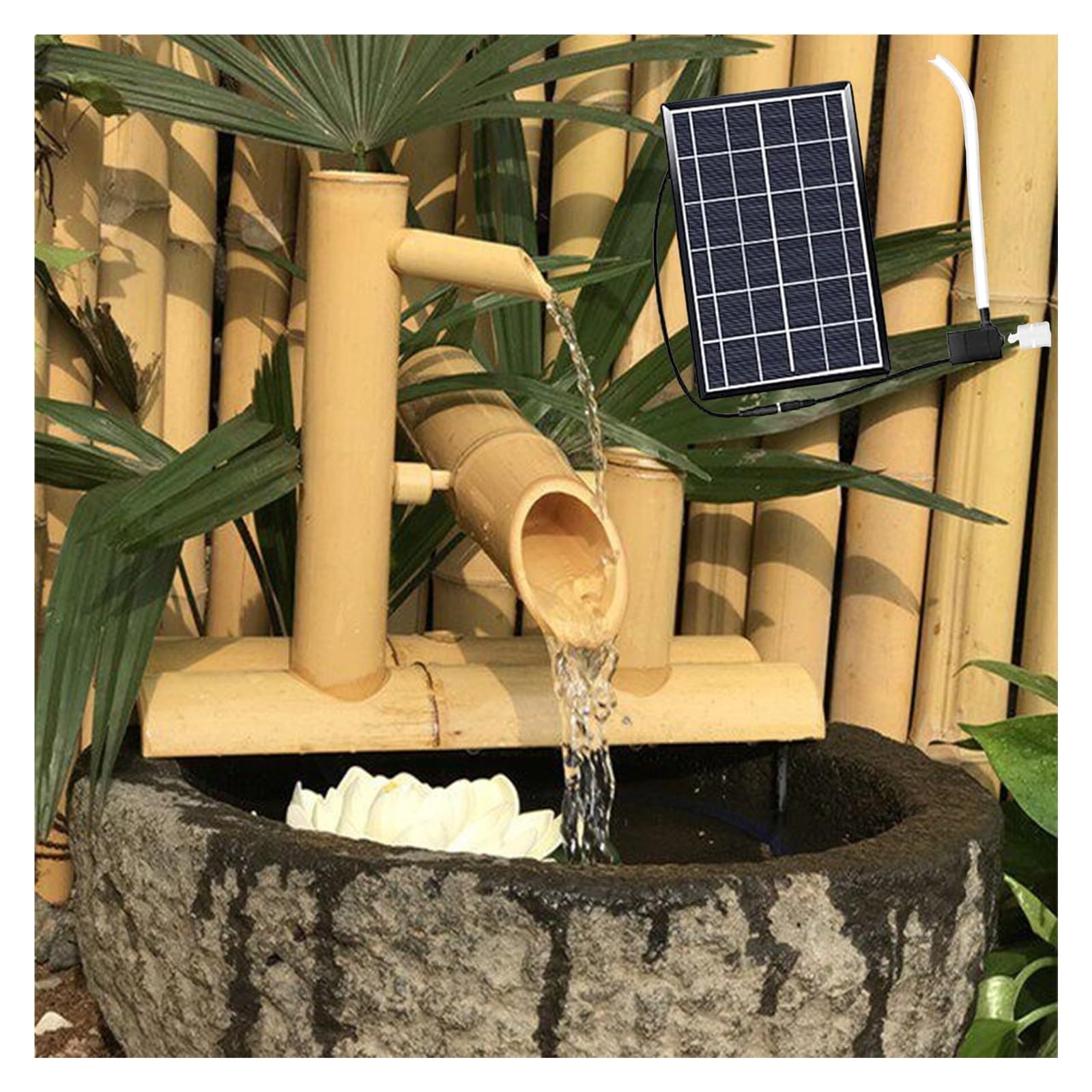 Fontana dell'acqua del bambù alimentata a energia solare, Decorazione del giardino Zen a roccia artigianale, caratteristica dell'acqua interna esterna ecologica con pompa, flusso calmante per il balco