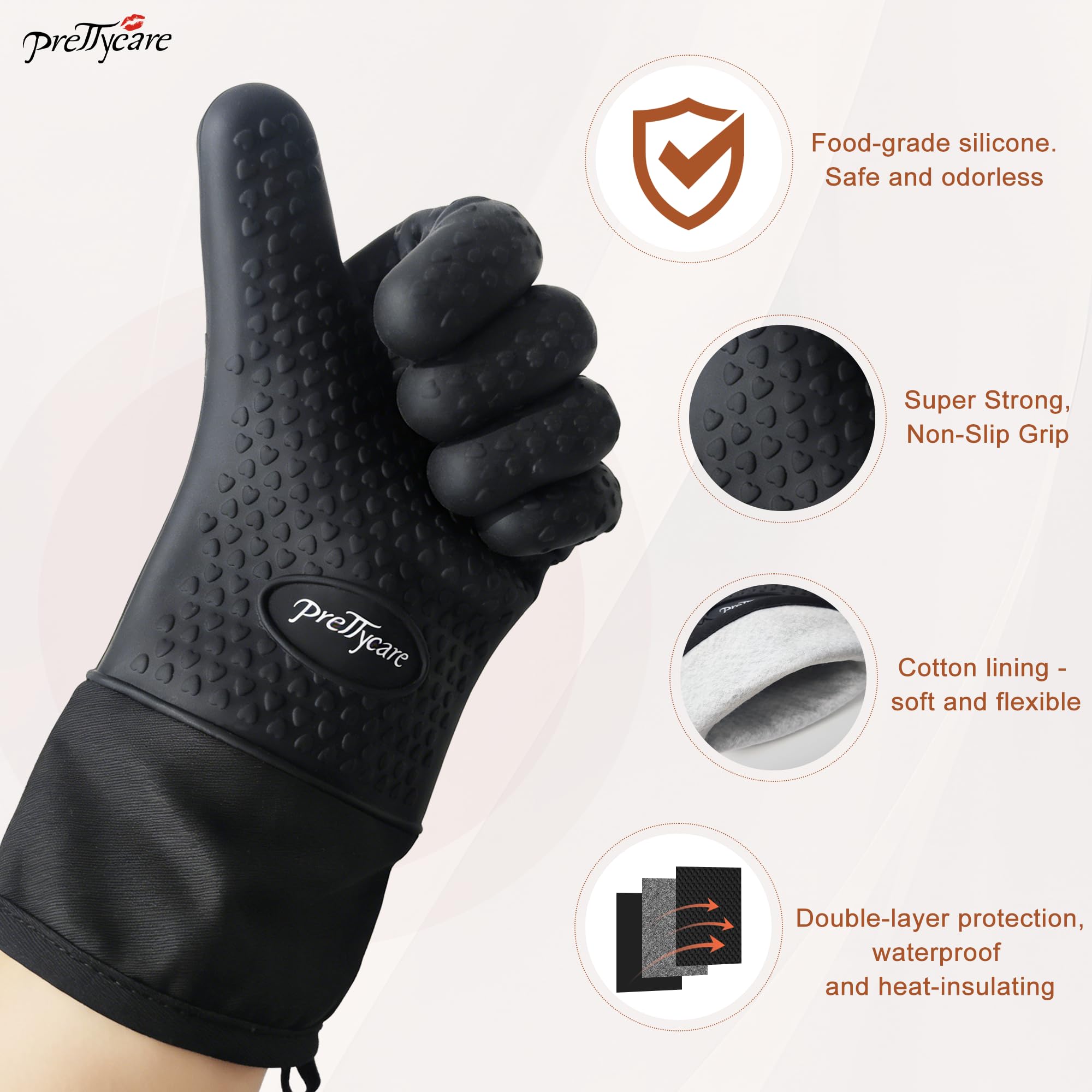 PrettyCare Gants de cuisine extra longs de 35,6 cm en silicone, imperméables et antidérapants avec doigts, gants de cuisine en silicone doublés de coton, résistants à la chaleur pour la pâtisserie, la