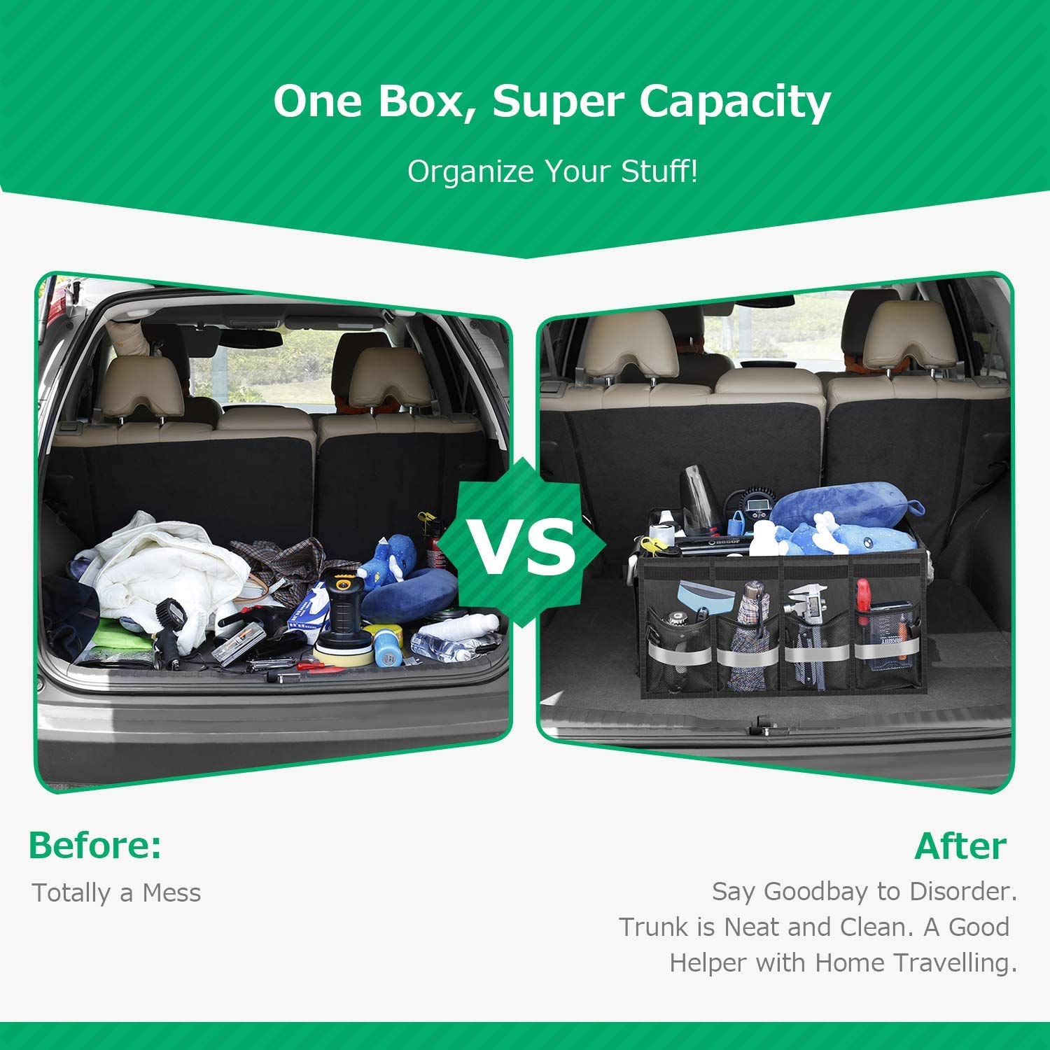 Organiseur de coffre de voiture | Sac de coffre pliable étanche pour presque toutes les voitures : camion, véhicule, SUV, van | 58 cm x 40 cm x 30 cm | Noir
