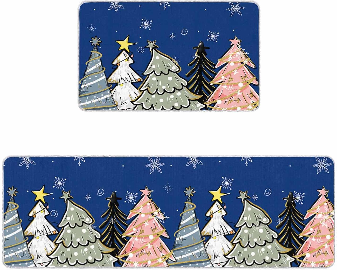 Christmas Kitchen Rugs Set of 2, Xmas Tree Snowflake Navy Blue Kitchen Mats for Floor Christmas Standing Floor Mat, Low-Profile Runner Rug for Xmas Winter Holiday Decorations, 20"x32" + 20"x63"