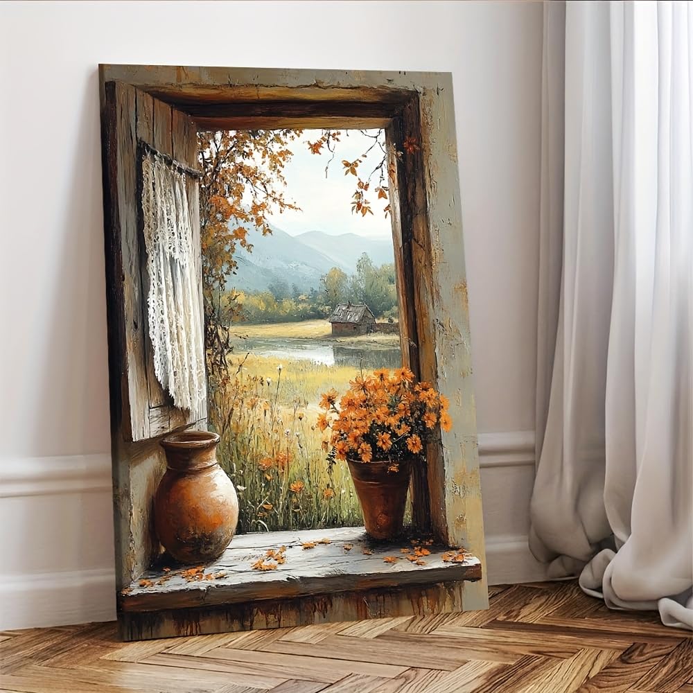 awtrhfc Rustic Window View Framed Canvas Art Cottagecore Farmhouse Wall Painting for Living Room Home Decor(80x120cm(31x47in)/No frame)