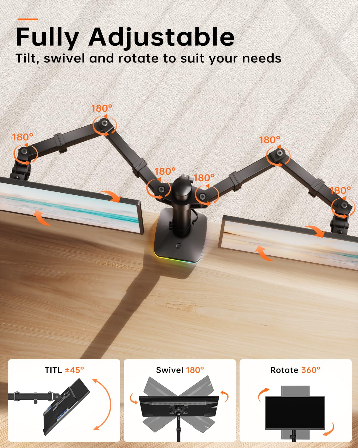Afaloona Soporte de escritorio RGB para monitor doble, soporte para monitor con 3 puertos USB, función de carga y transferencia de datos USB, brazos ajustables para monitores de 13 a 27 pulgadas de