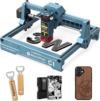 SCULPFUN C1 3W Mini Laser Engraving Machine Portable Laser Engraving Machine 0.04 mm High Precision Laser Engraving Machine Up to 10000 mm/min Speed Plug and Play All-in-One Machine